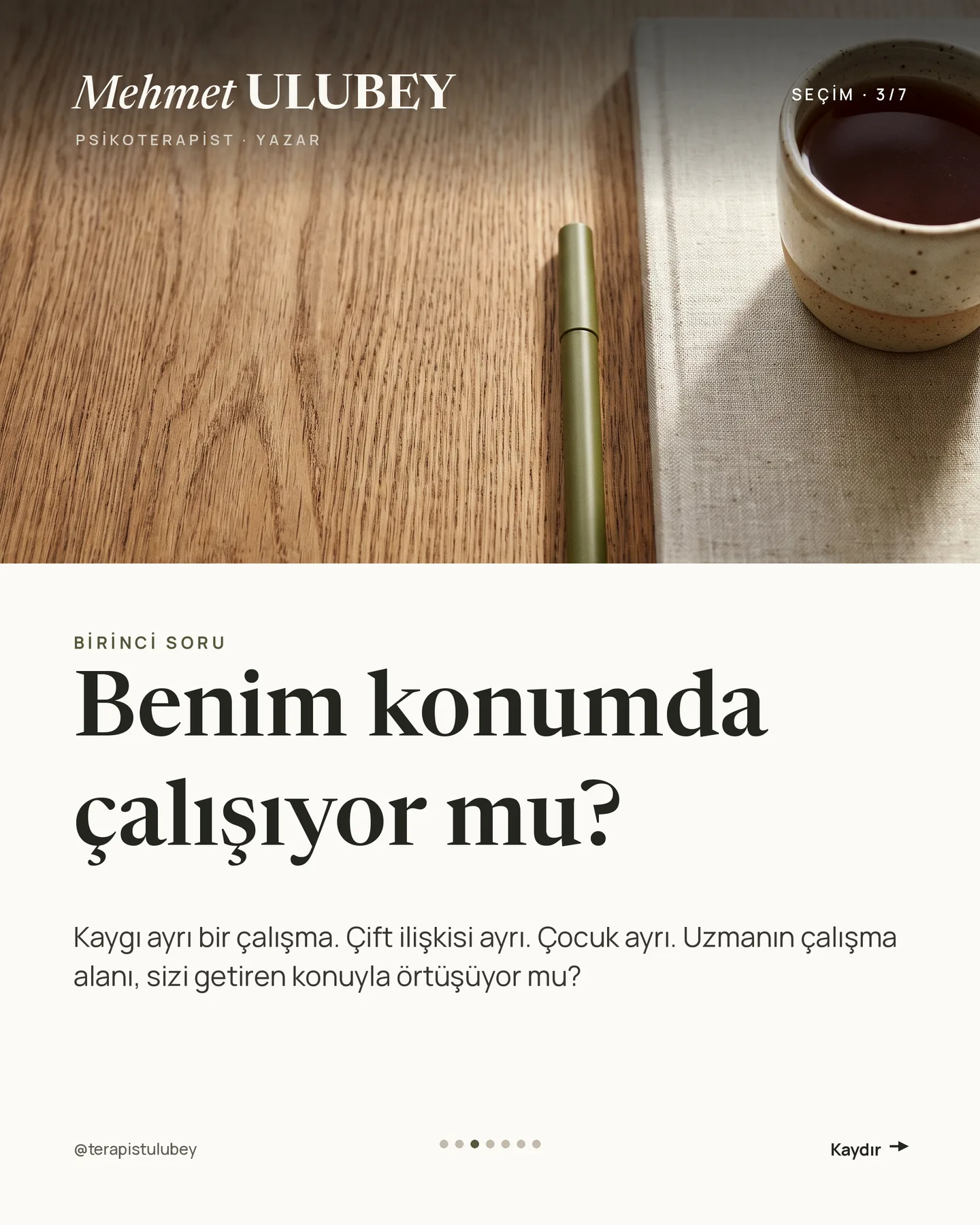 Mehmet Ulubey Instagram gönderisi — uzman seçerken üç soru carousel'i, 3. kart