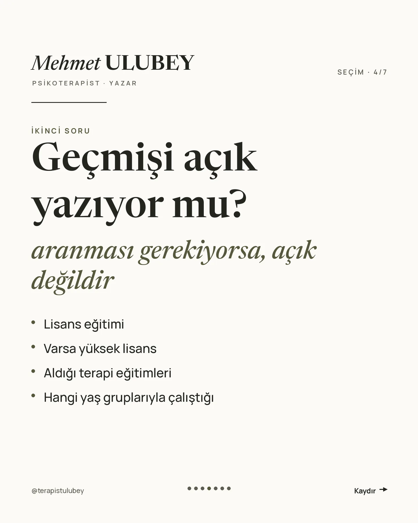 Mehmet Ulubey Instagram gönderisi — uzman seçerken üç soru carousel'i, 4. kart