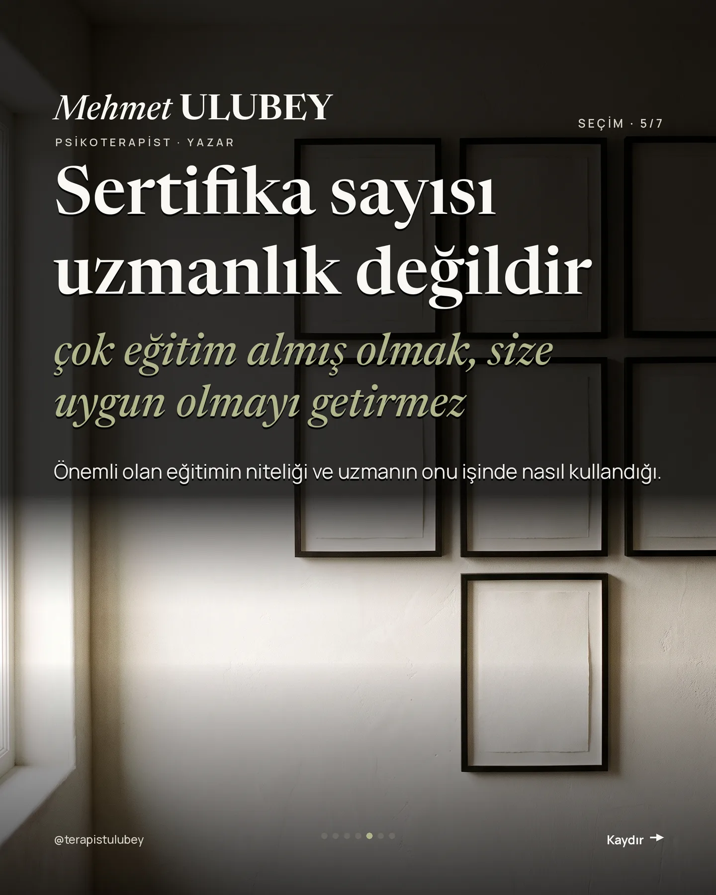 Mehmet Ulubey Instagram gönderisi — uzman seçerken üç soru carousel'i, 5. kart