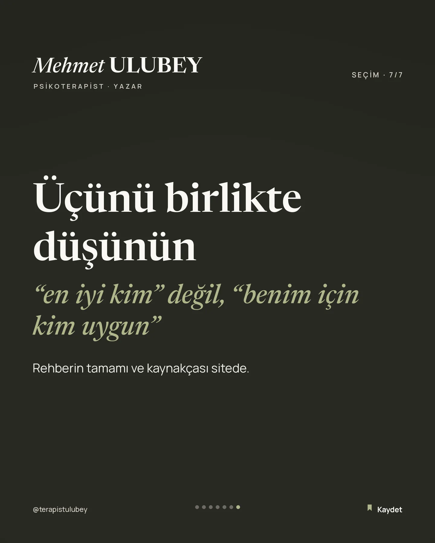 Mehmet Ulubey Instagram gönderisi — uzman seçerken üç soru carousel'i, 7. kart