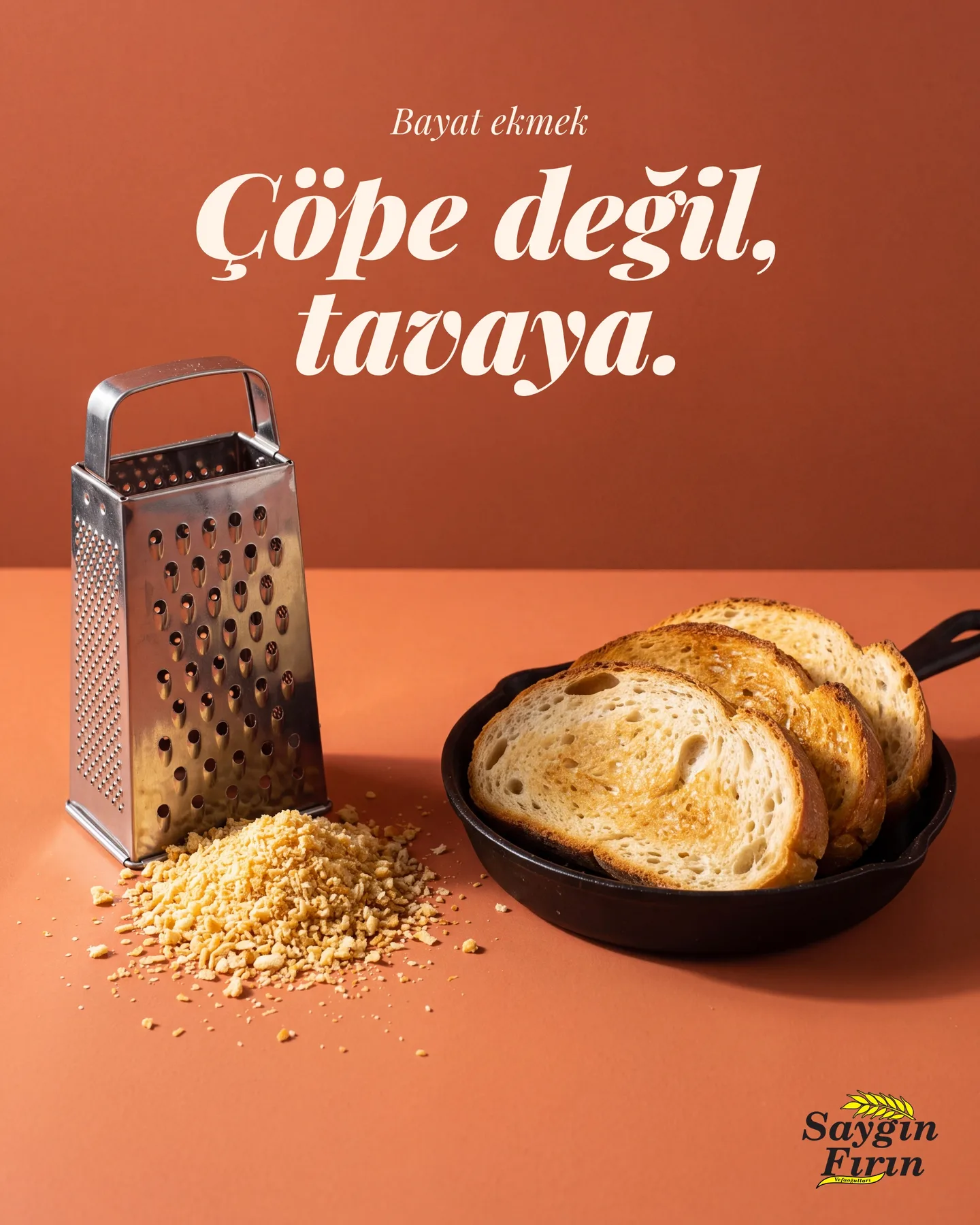 Saygın Fırın "Bayat ekmek çöpe gitmesin" gönderisi 1. kart — kapak: "Çöpe değil, tavaya.", kiremit rengi zeminde rende, galeta unu ve tavada kızarmış ekmek