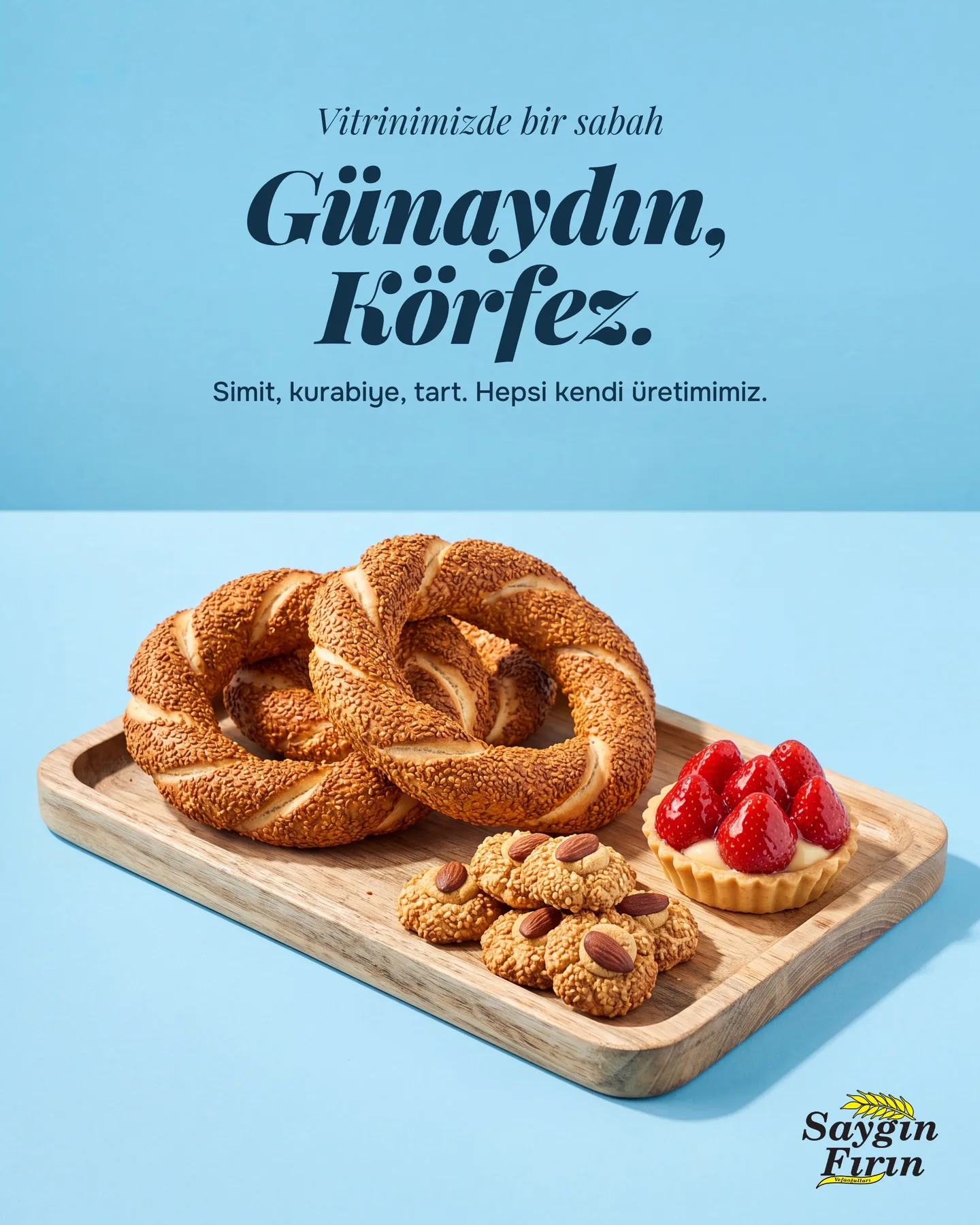 Saygın Fırın kaydırmalı gönderi kapağı — "Günaydın, Körfez.", gök mavisi zeminde tahta tepside simit, kurabiye ve çilekli tart