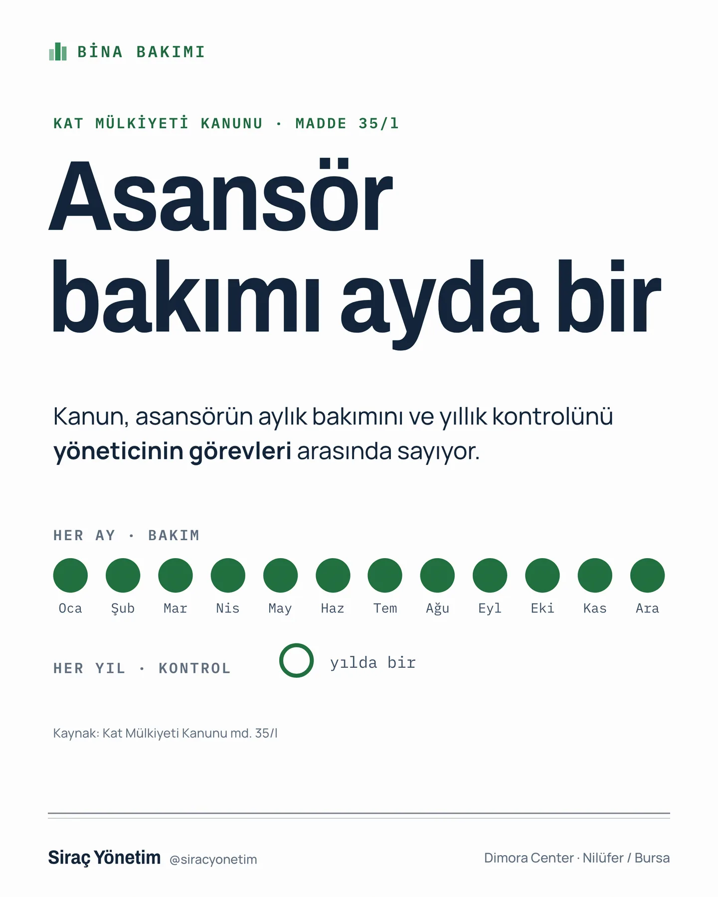 Siraç Yönetim Instagram gönderisi — asansör bakımı ayda bir