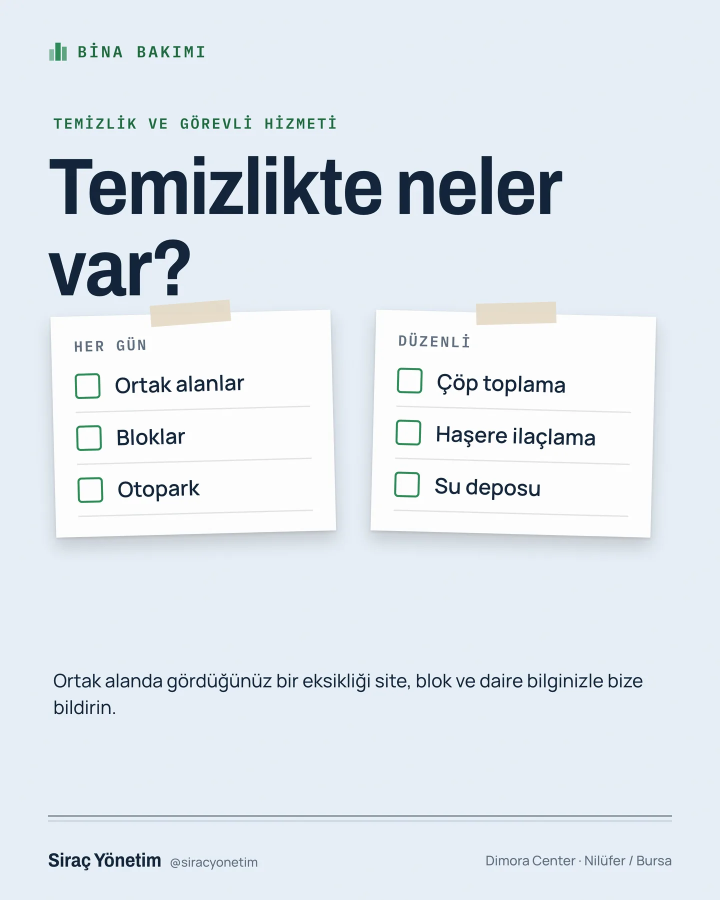 Siraç Yönetim Instagram gönderisi — temizlikte neler var