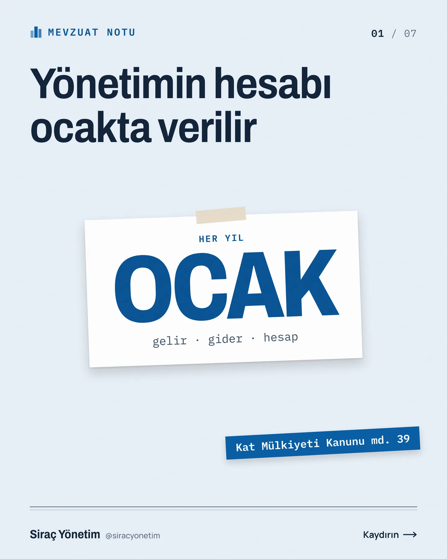 Siraç Yönetim Instagram gönderisi — yönetimin hesabı ocakta verilir carousel'i, 1. kart