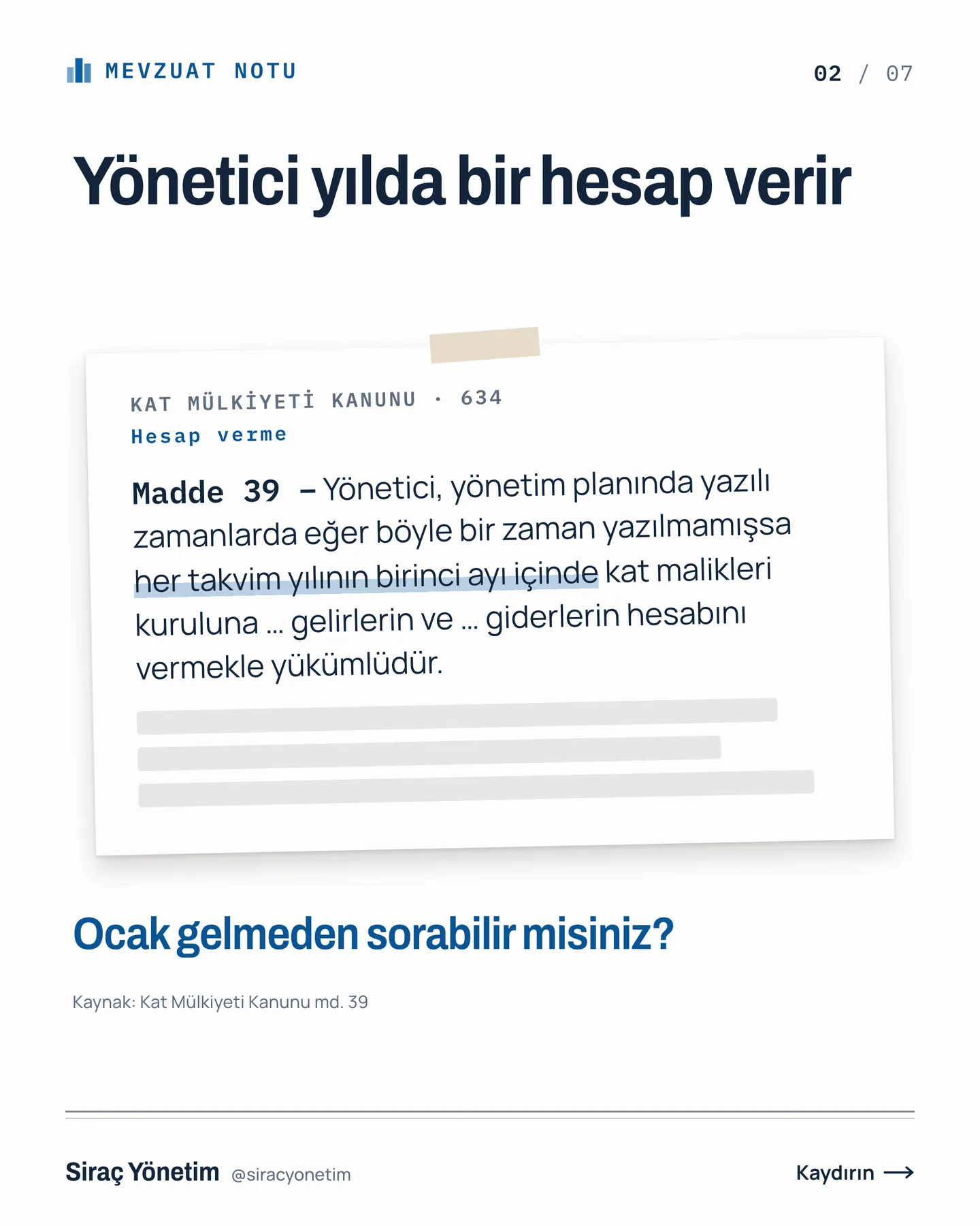 Siraç Yönetim Instagram gönderisi — yönetimin hesabı ocakta verilir carousel'i, 2. kart