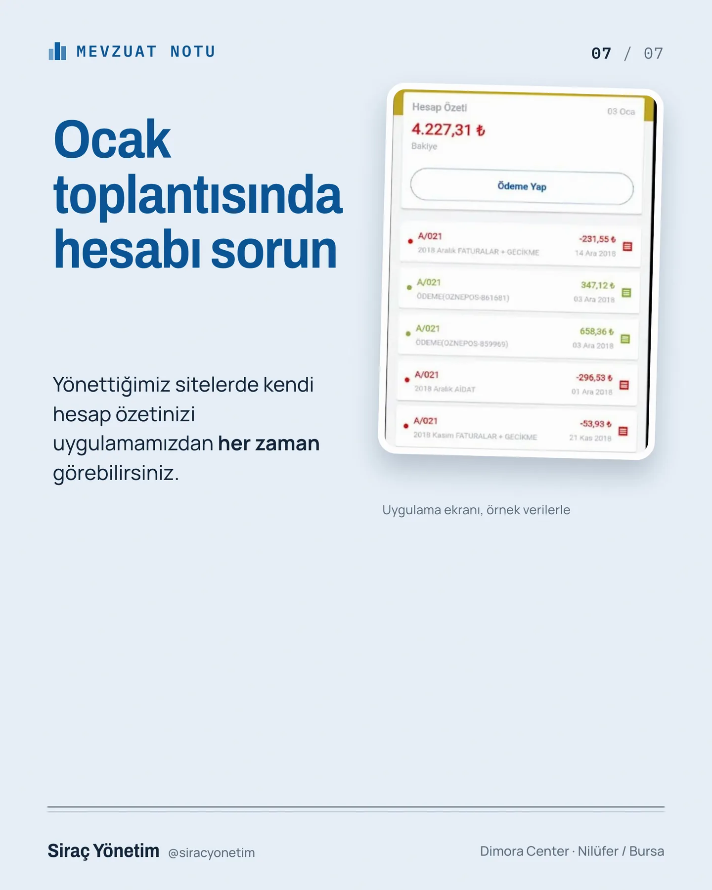 Siraç Yönetim Instagram gönderisi — yönetimin hesabı ocakta verilir carousel'i, 7. kart