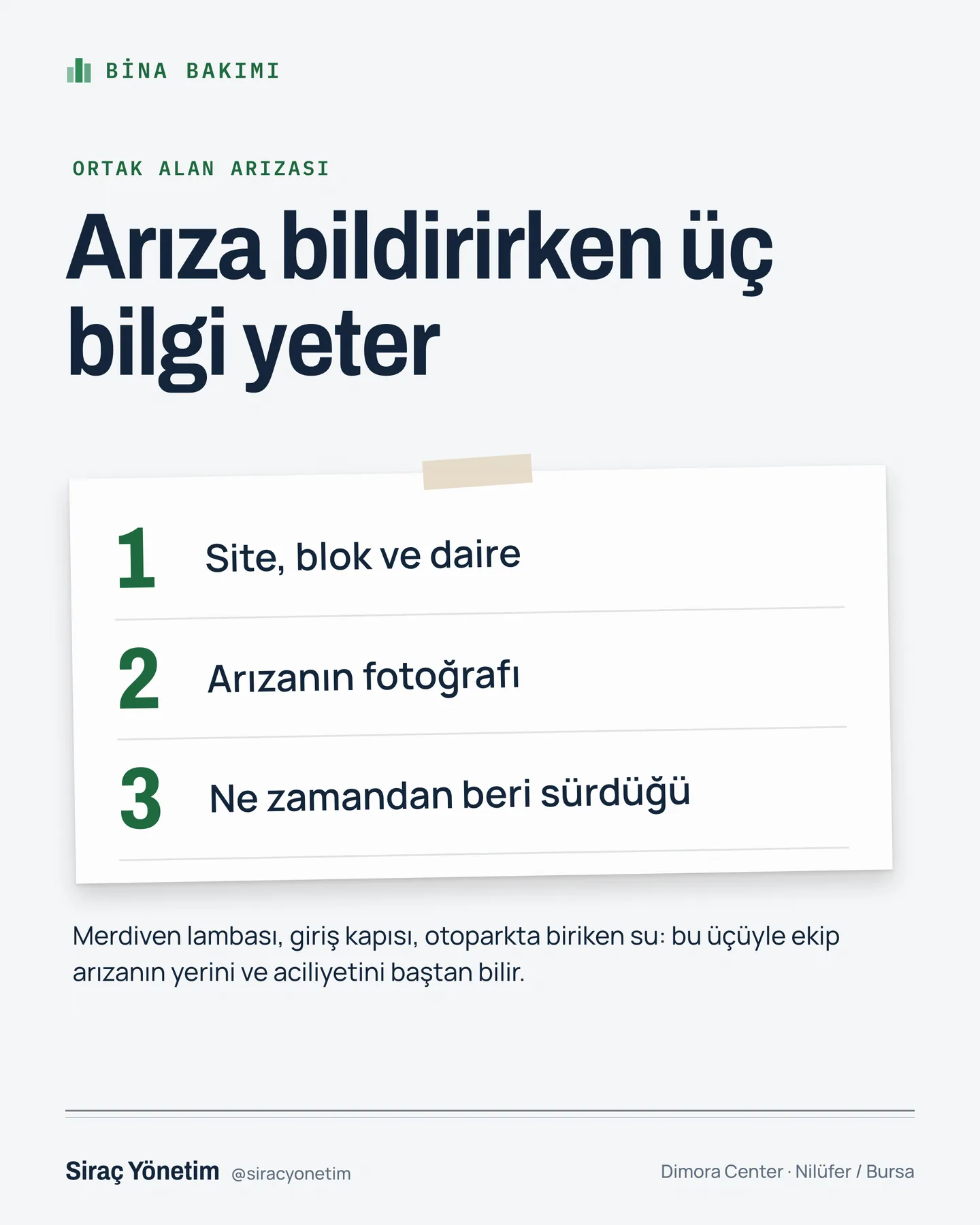 Siraç Yönetim Instagram gönderisi — arıza bildirirken üç bilgi yeter
