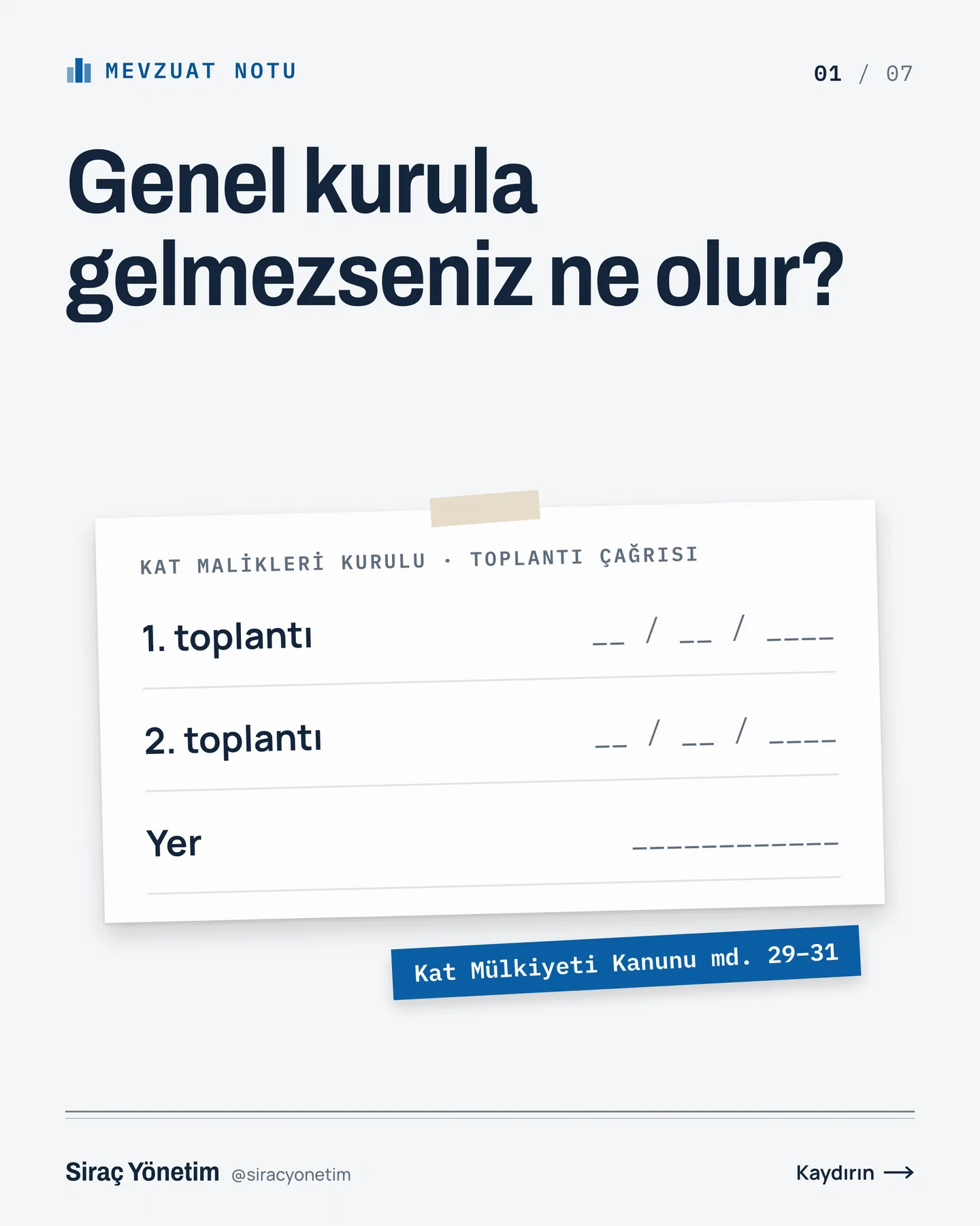Siraç Yönetim Instagram gönderisi — genel kurula gelmezseniz ne olur carousel'i, 1. kart