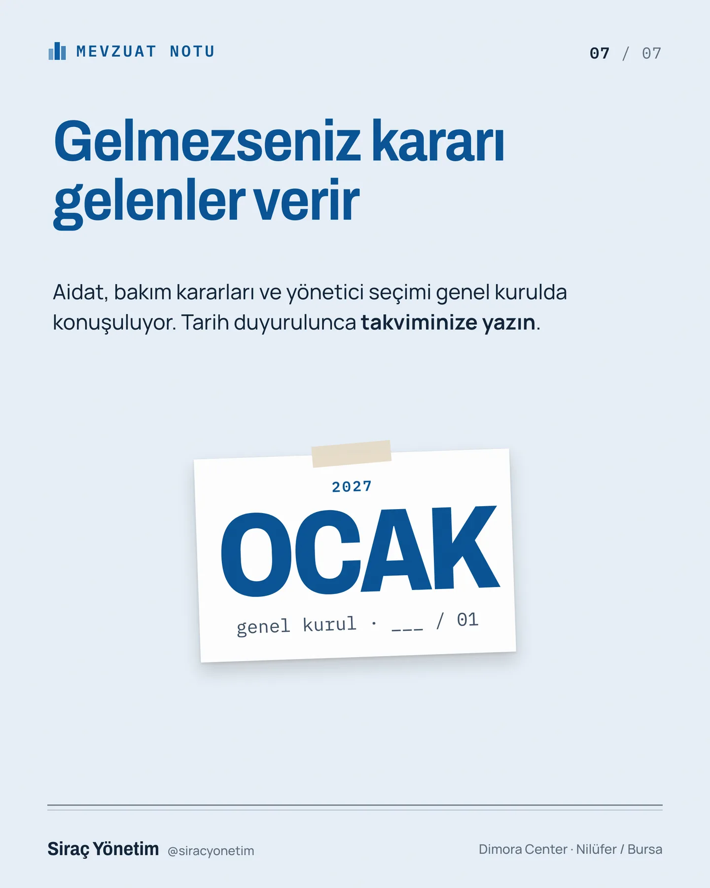 Siraç Yönetim Instagram gönderisi — genel kurula gelmezseniz ne olur carousel'i, 7. kart