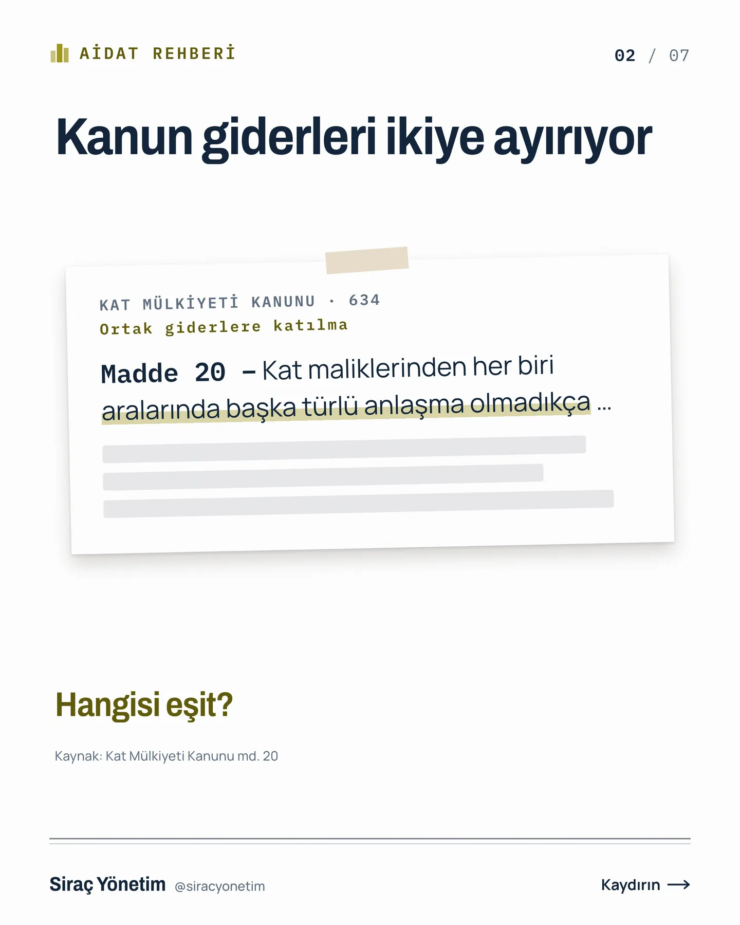 Siraç Yönetim Instagram gönderisi — aidatın her kalemi aynı bölünmez carousel'i, 2. kart