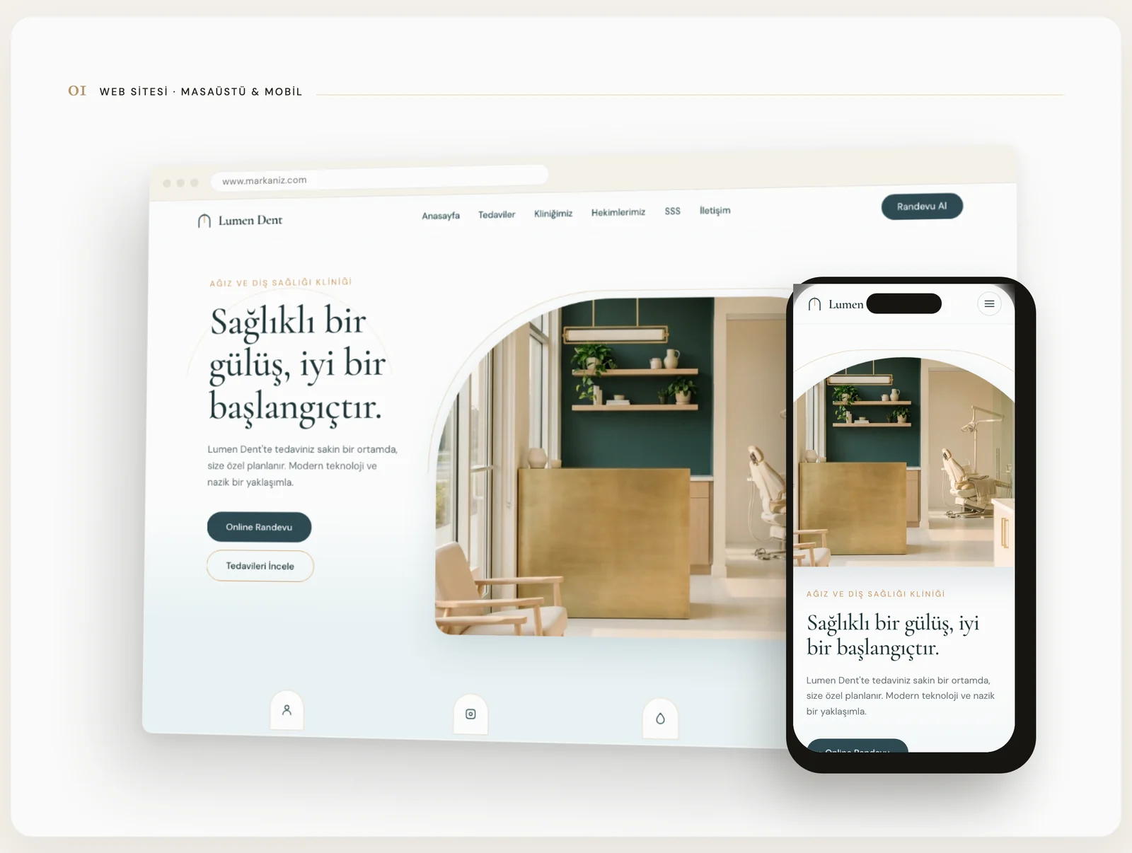 Diş kliniği web sitesi tasarımı — masaüstü ve mobil ekran görünümü