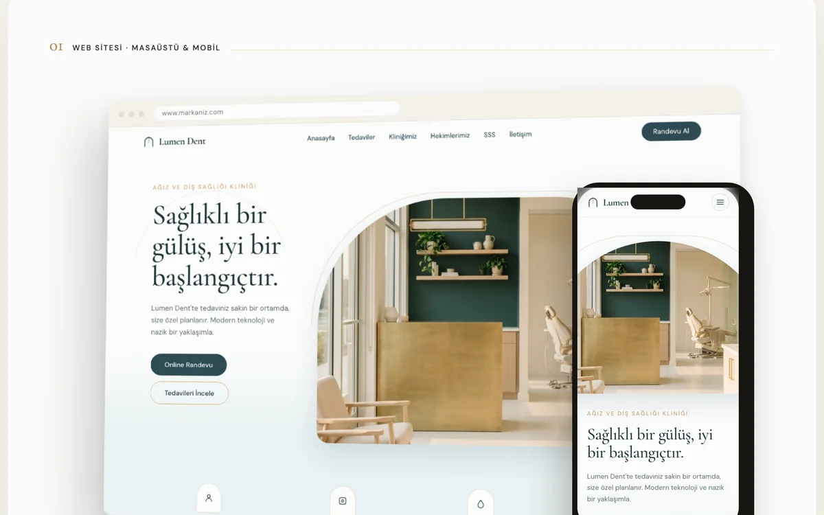 Diş kliniği web tasarımı örneği — masaüstü ve mobil görünüm