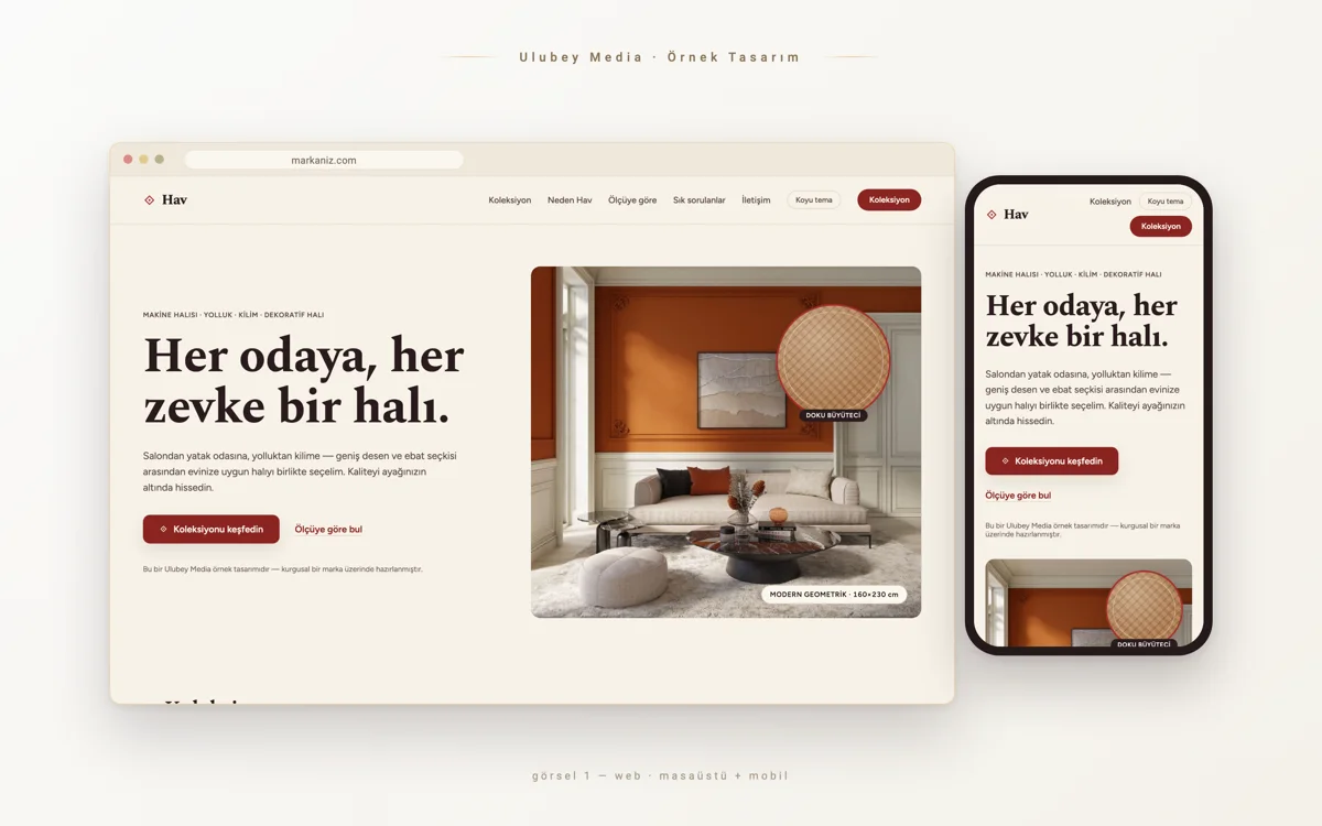 Halı mağazası web tasarımı örneği — masaüstü ve mobil görünüm
