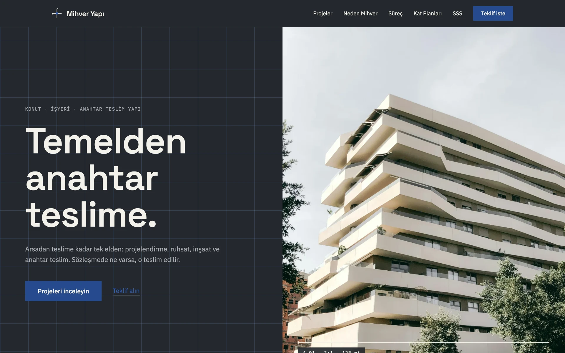 İnşaat firması web sitesi tasarımının koyu tema alternatifi — grafit zeminli giriş bölümü