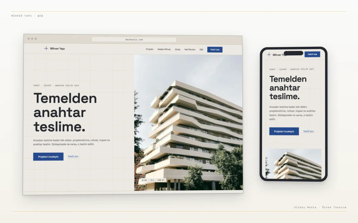 İnşaat firması web tasarımı örneği — masaüstü ve mobil görünüm
