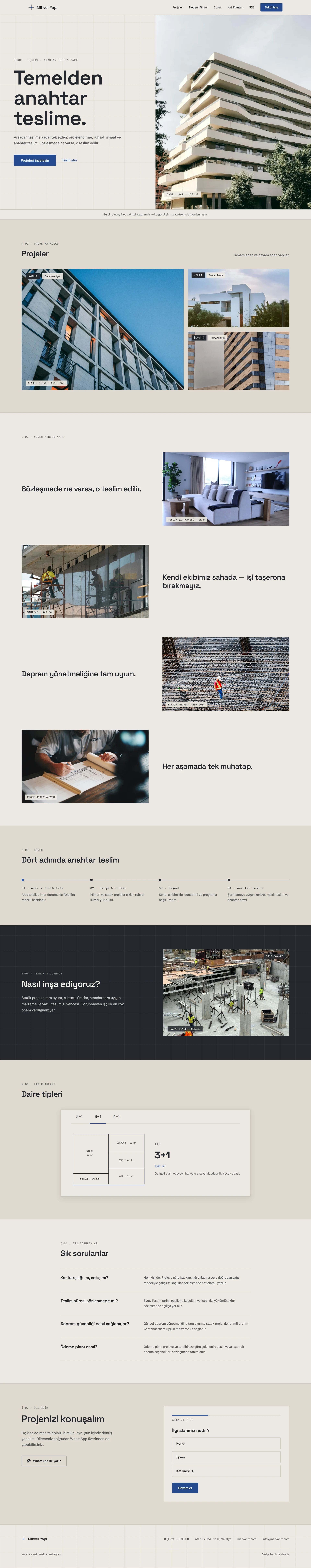 İnşaat firması web sitesi ana sayfasının tamamı — projeler, süreç, kat planları ve teklif formu bölümleri