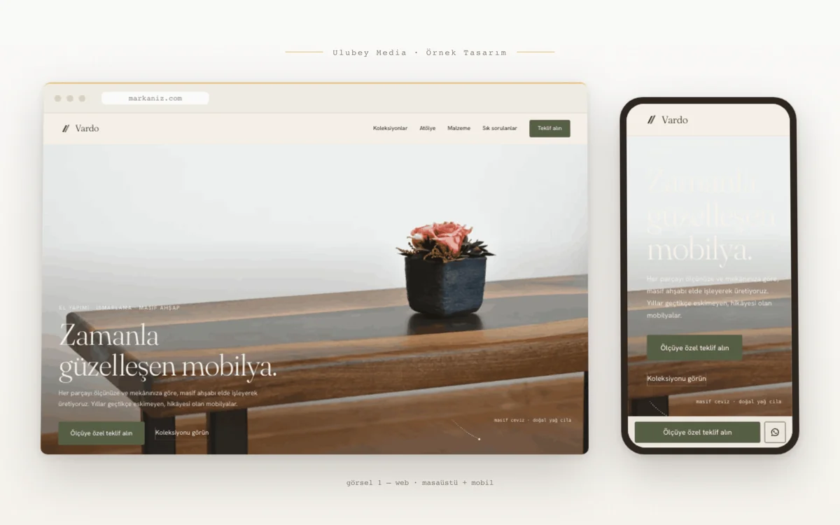 Mobilya mağazası web tasarımı örneği — masaüstü ve mobil görünüm