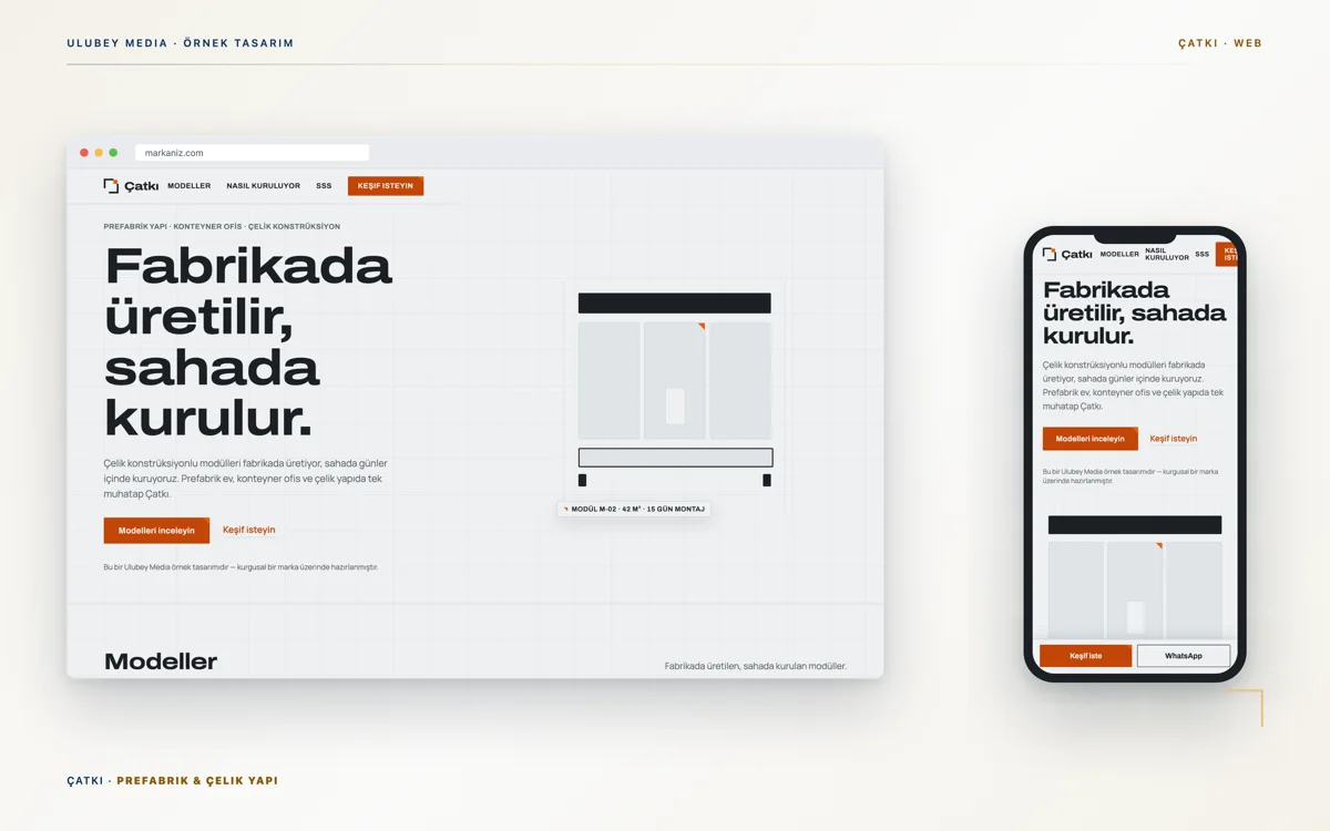 Prefabrik ve çelik yapı firması web tasarımı örneği — masaüstü ve mobil görünüm