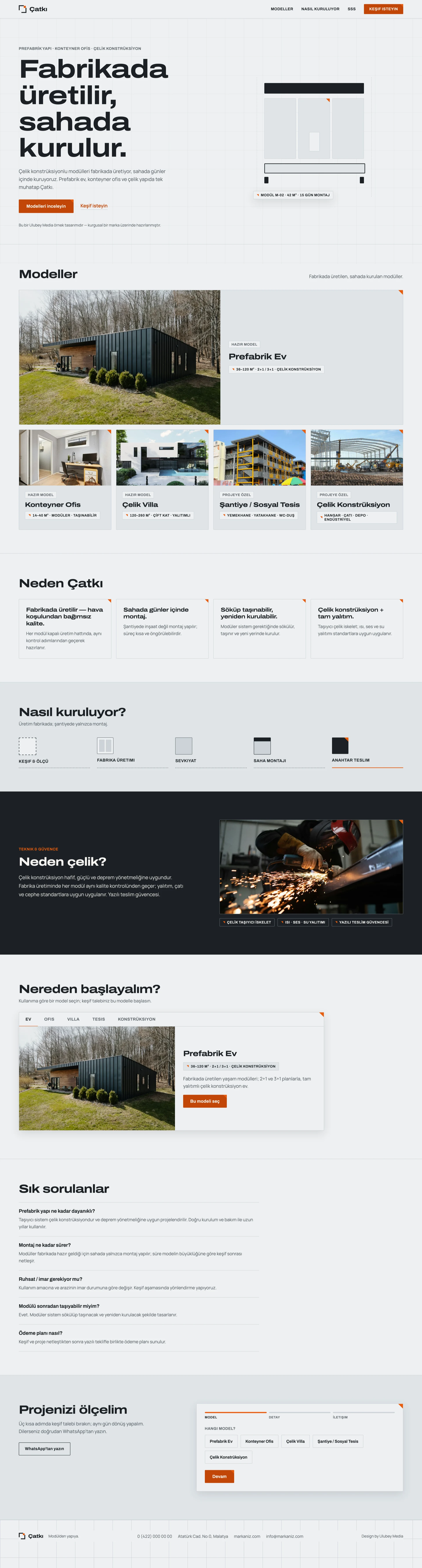 Prefabrik yapı web sitesi ana sayfasının tamamı — model kataloğu, montaj süreci ve keşif formu bölümleri