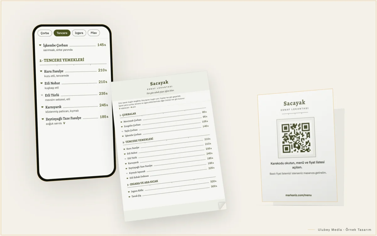 QR menü tasarımı örneği — telefonda dijital menü, basılı menü ve masa karekodu