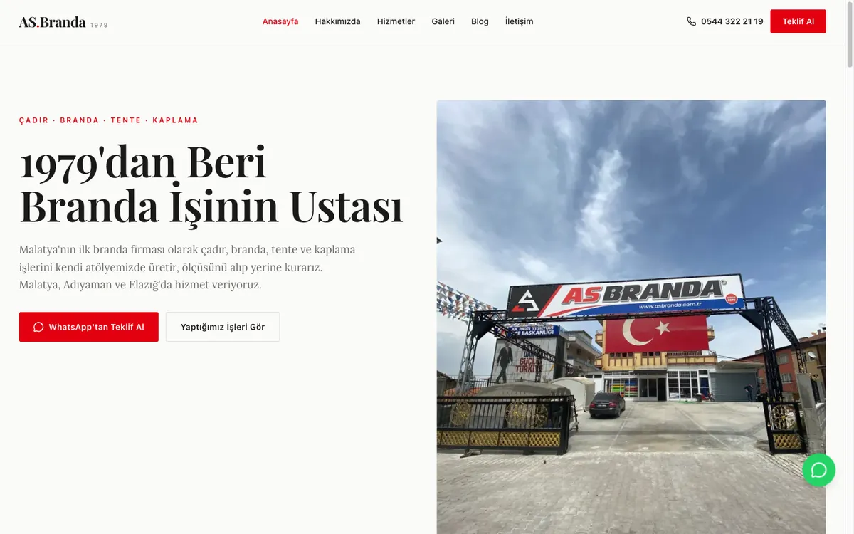 AS Branda web sitesi ana sayfası — branda ve tente sistemleri