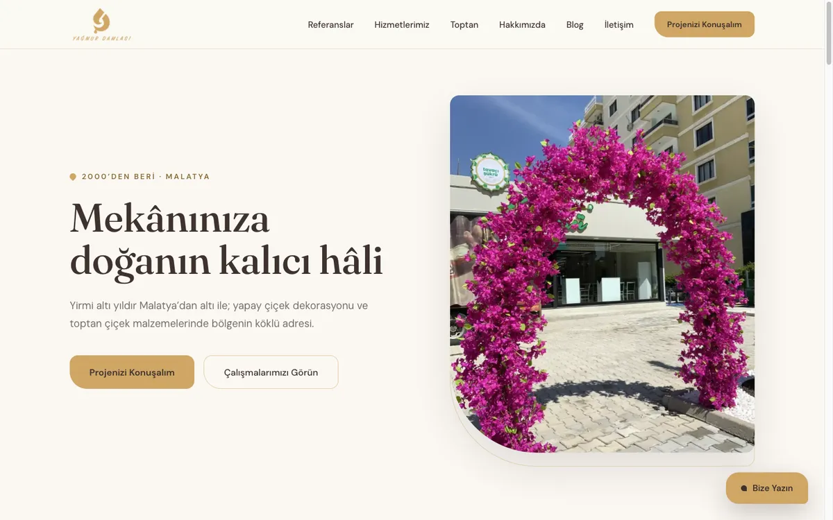 Yağmur Damlası web sitesi ana sayfası — yapay çiçek dekorasyonu