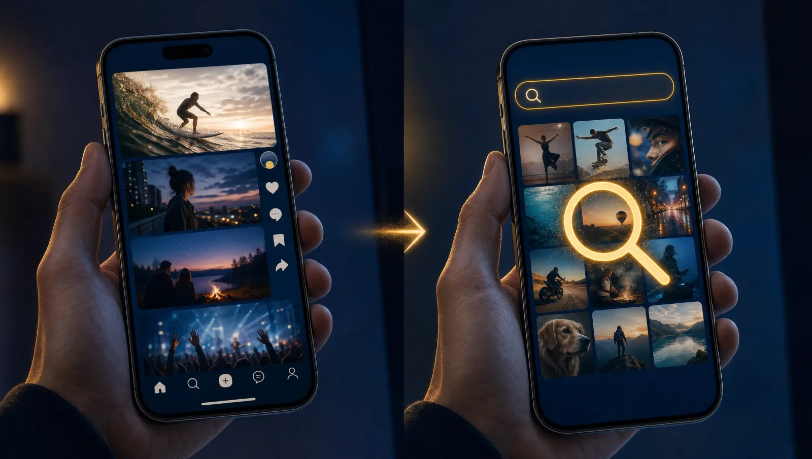 Instagram ve TikTok arama motoru — telefon ekranında sosyal medya akışı bir arama arayüzüne dönüşürken, Ulubey Media
