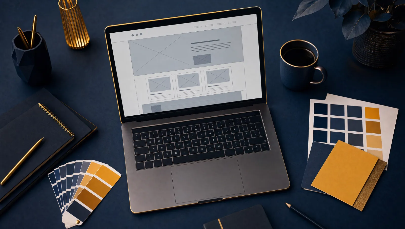 Malatya web tasarım fiyatları — laptop ekranında modern web sitesi tasarımı, renk paleti ve kahve, Ulubey Media