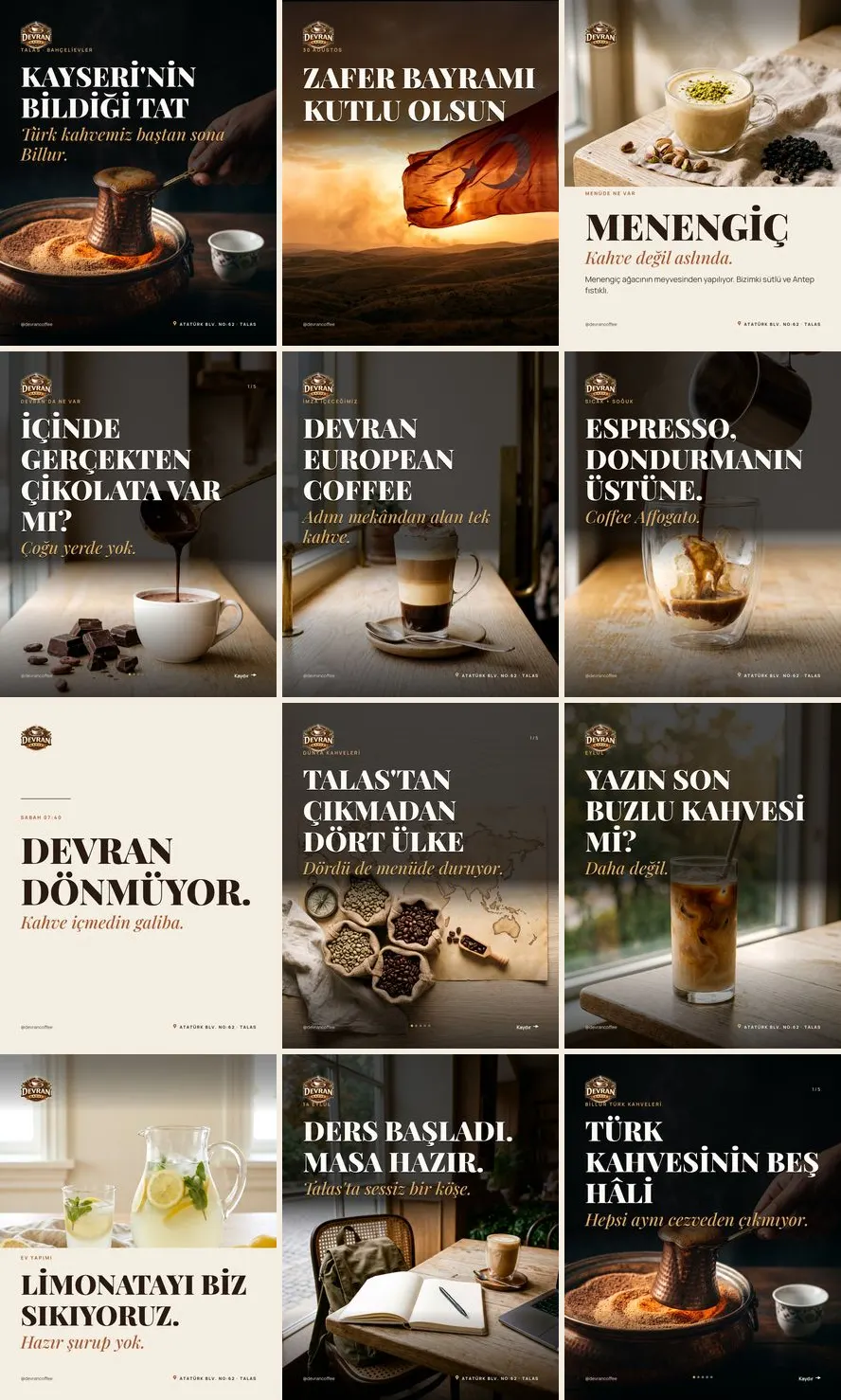 Devran Coffee Instagram profil ızgarası önizlemesi — Eylül ayının ilk 12 gönderisi yan yana
