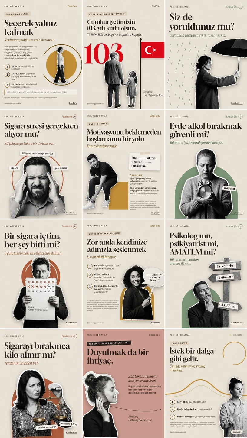 Psikolog Gözde Atila Instagram profil ızgarası önizlemesi — Ekim ayının 12 gönderisi yan yana