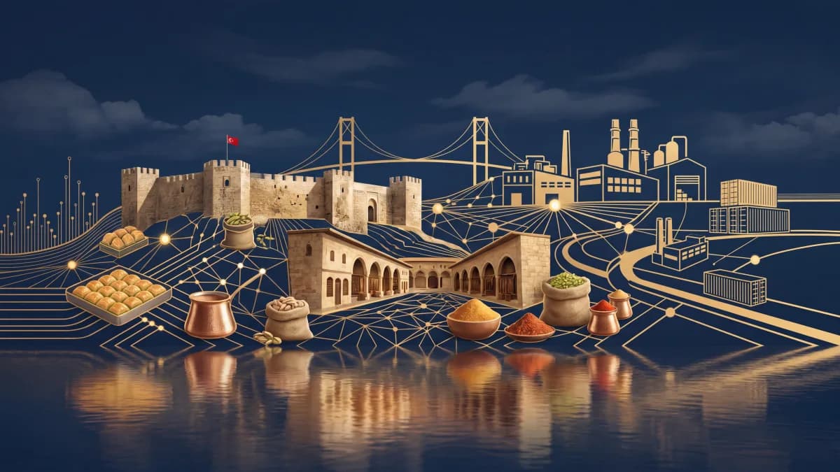 Gaziantep dijital pazarlama — tarihi doku ve gastronomi/ihracat temalı kapak görseli.