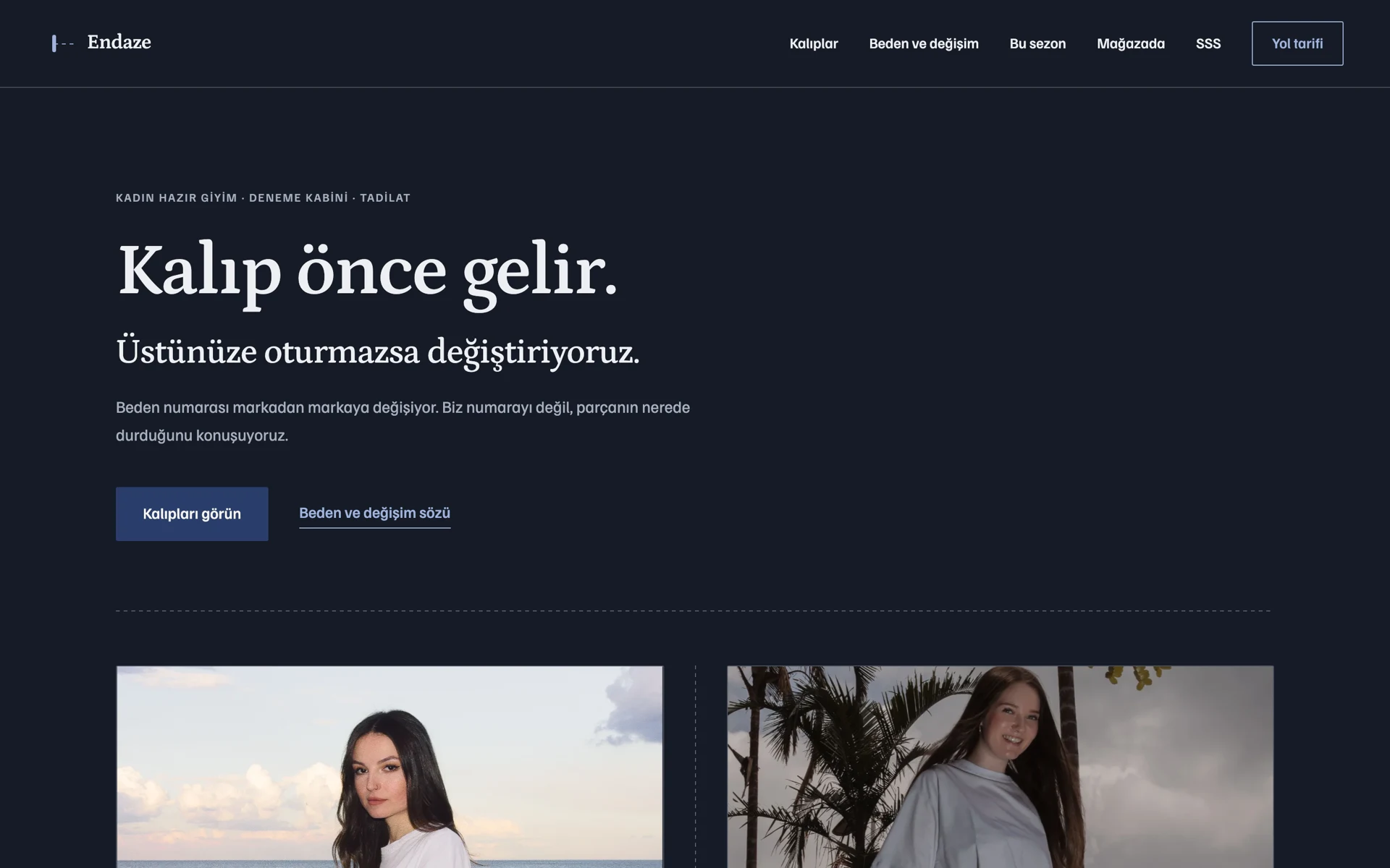 Koyu tema alternatifi Giyim mağazası web sitesi tasarımının koyu tema alternatifi — koyu lacivert zeminli giriş bölümü
