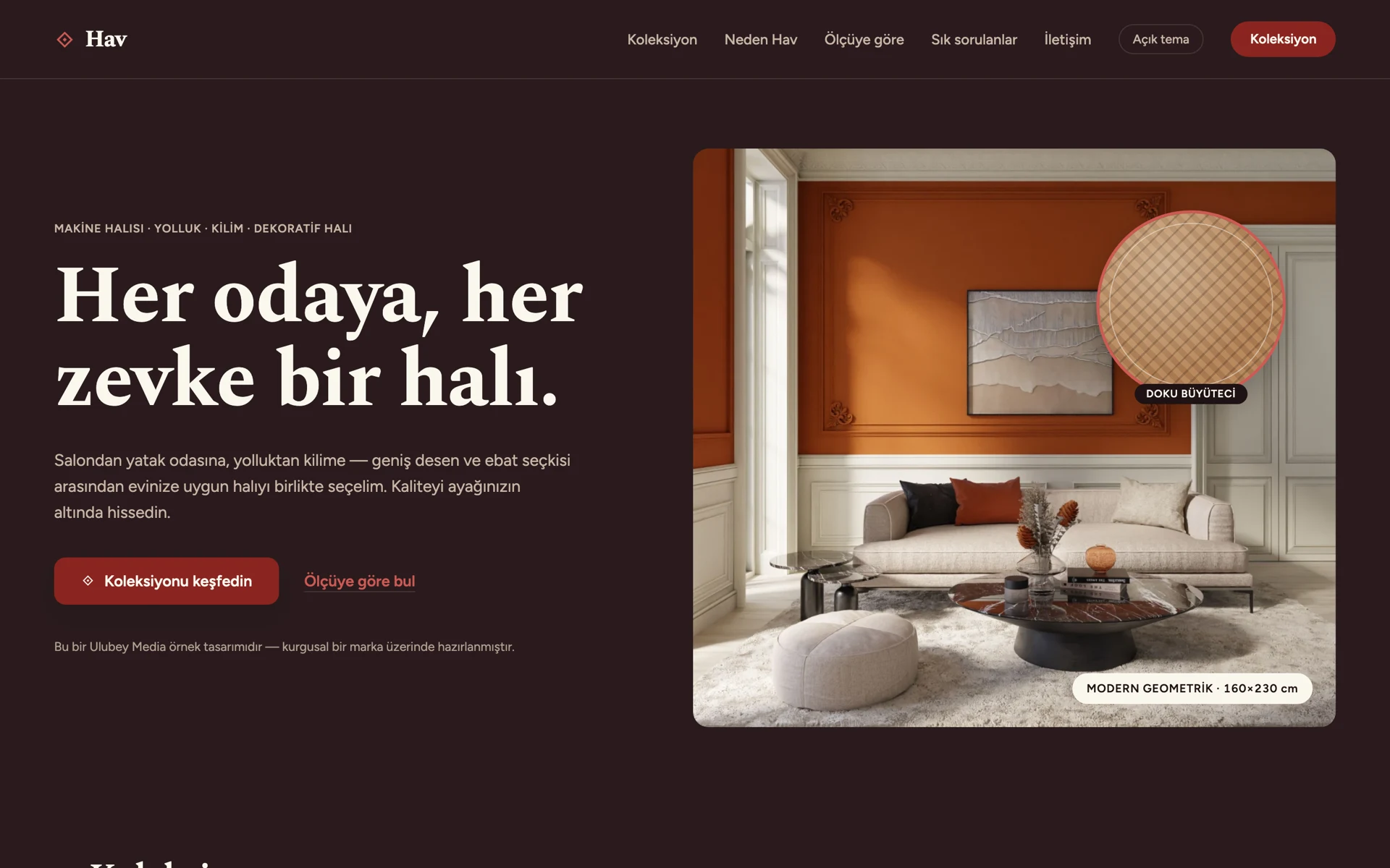 Koyu tema alternatifi Halı mağazası web sitesi tasarımının koyu tema alternatifi — karadut zeminli giriş bölümü
