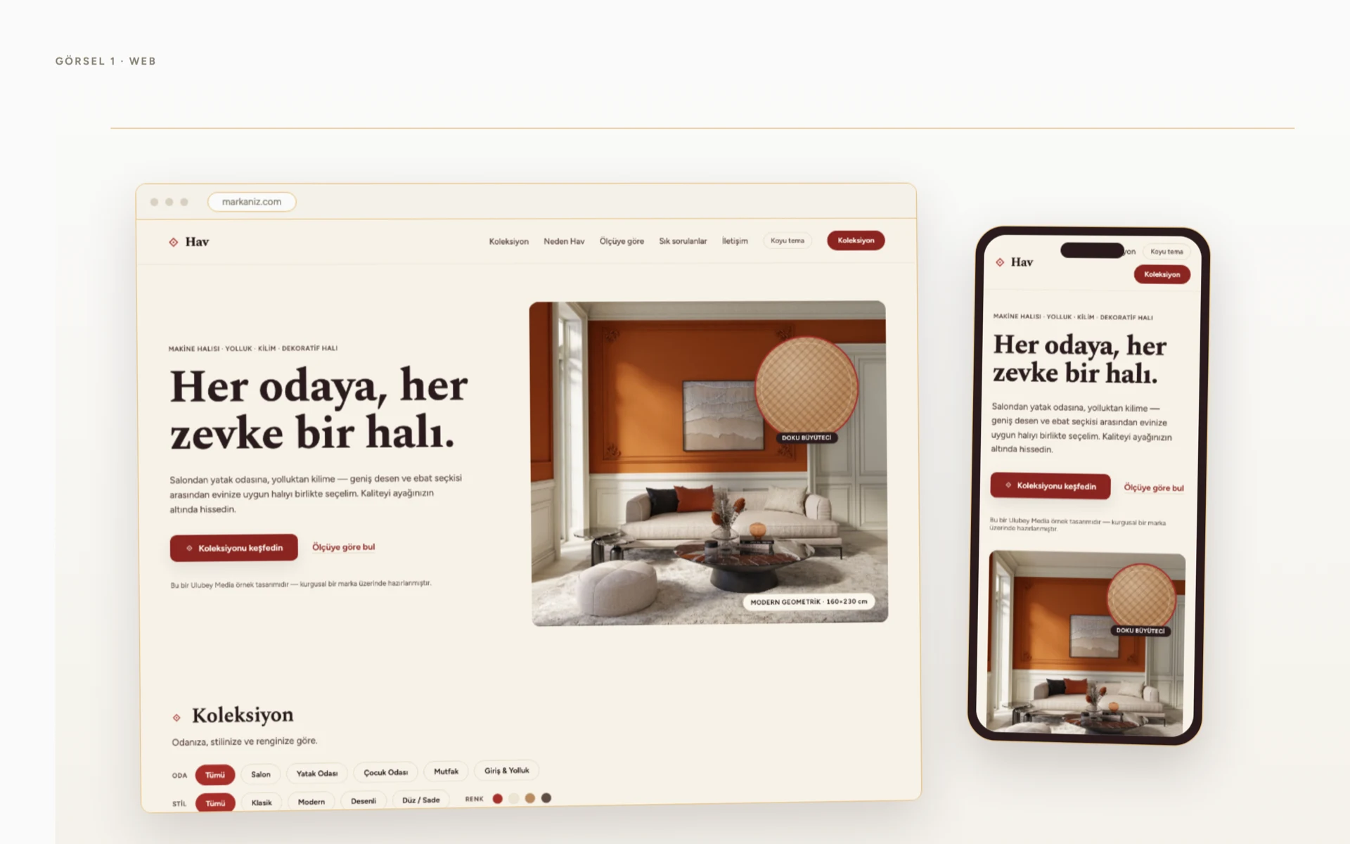 Web sitesi — masaüstü ve mobil Halı mağazası web sitesi tasarımı — masaüstü ve mobil ekran görünümü