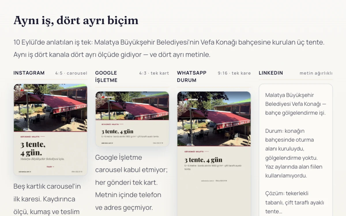 AS Branda sosyal medya örnek çalışması — aynı gönderinin dört kanaldaki hâli yan yana