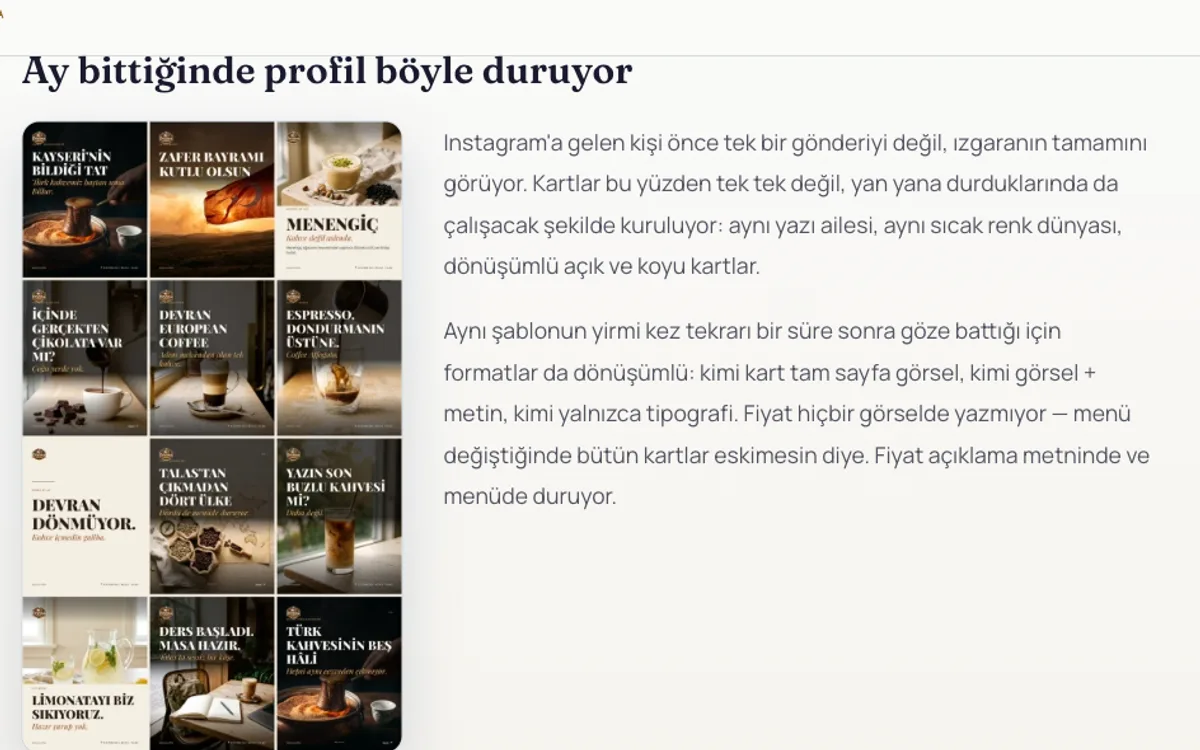 Devran Coffee örnek çalışma sayfası — bir aylık Instagram içerik paketinin profil ızgarası