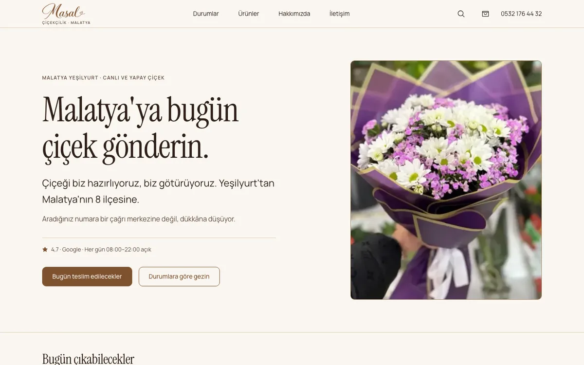 Masal Çiçekçilik web sitesi ana sayfası: 'Malatya'ya bugün çiçek gönderin' başlığı ve mor ambalajlı papatya buketi