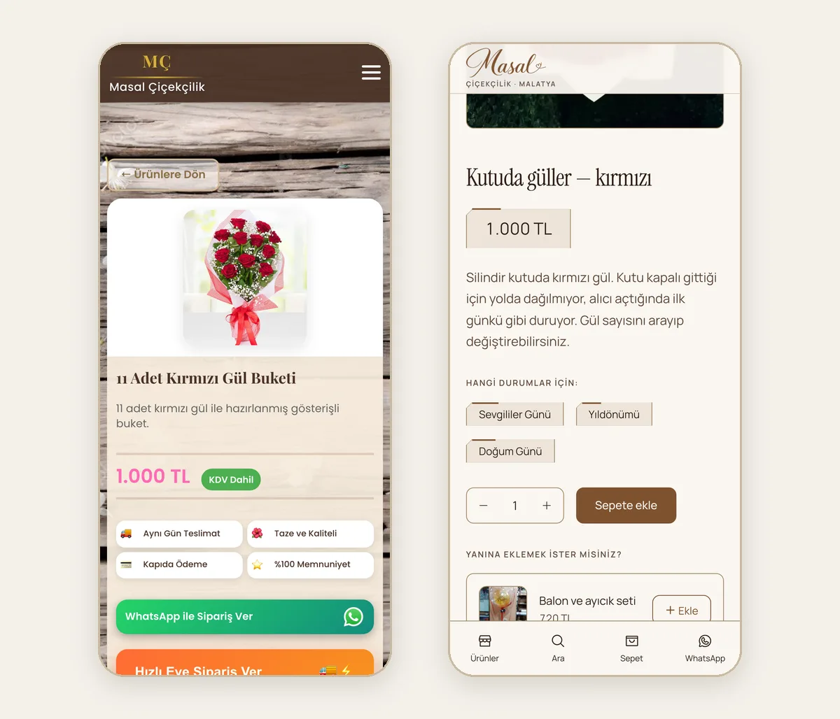 Aynı ürünün eski ve yeni sayfası telefonda: solda eski sitede yalnız 'WhatsApp ile Sipariş Ver' düğmesi, sağda yeni sitede adet seçimi, Sepete ekle düğmesi ve yanına eklenecek ürünler