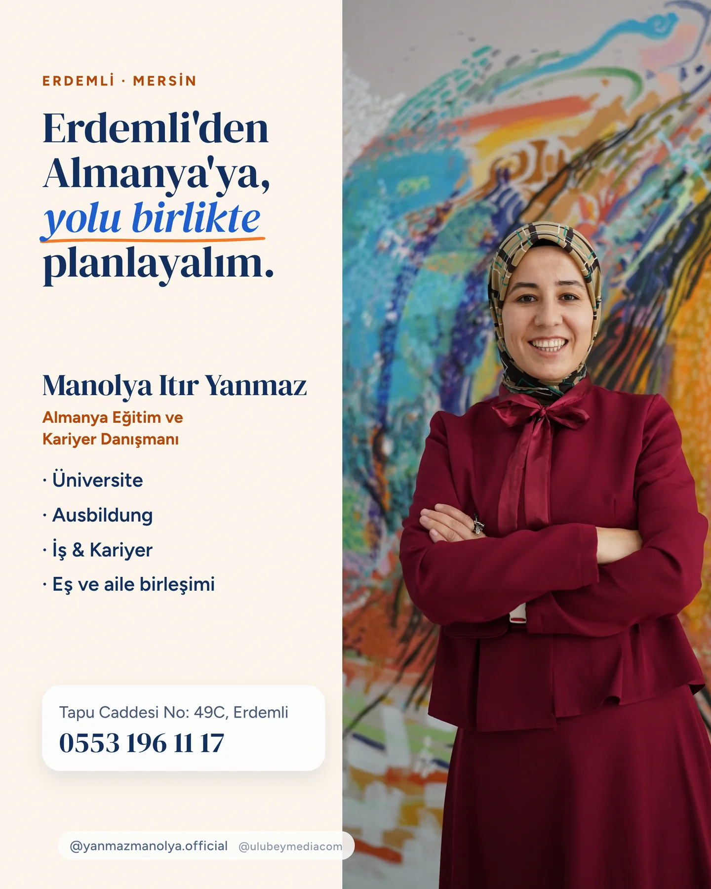 Manolya Itır Yanmaz Instagram gönderisi — Erdemli'den Almanya'ya tanışma kartı