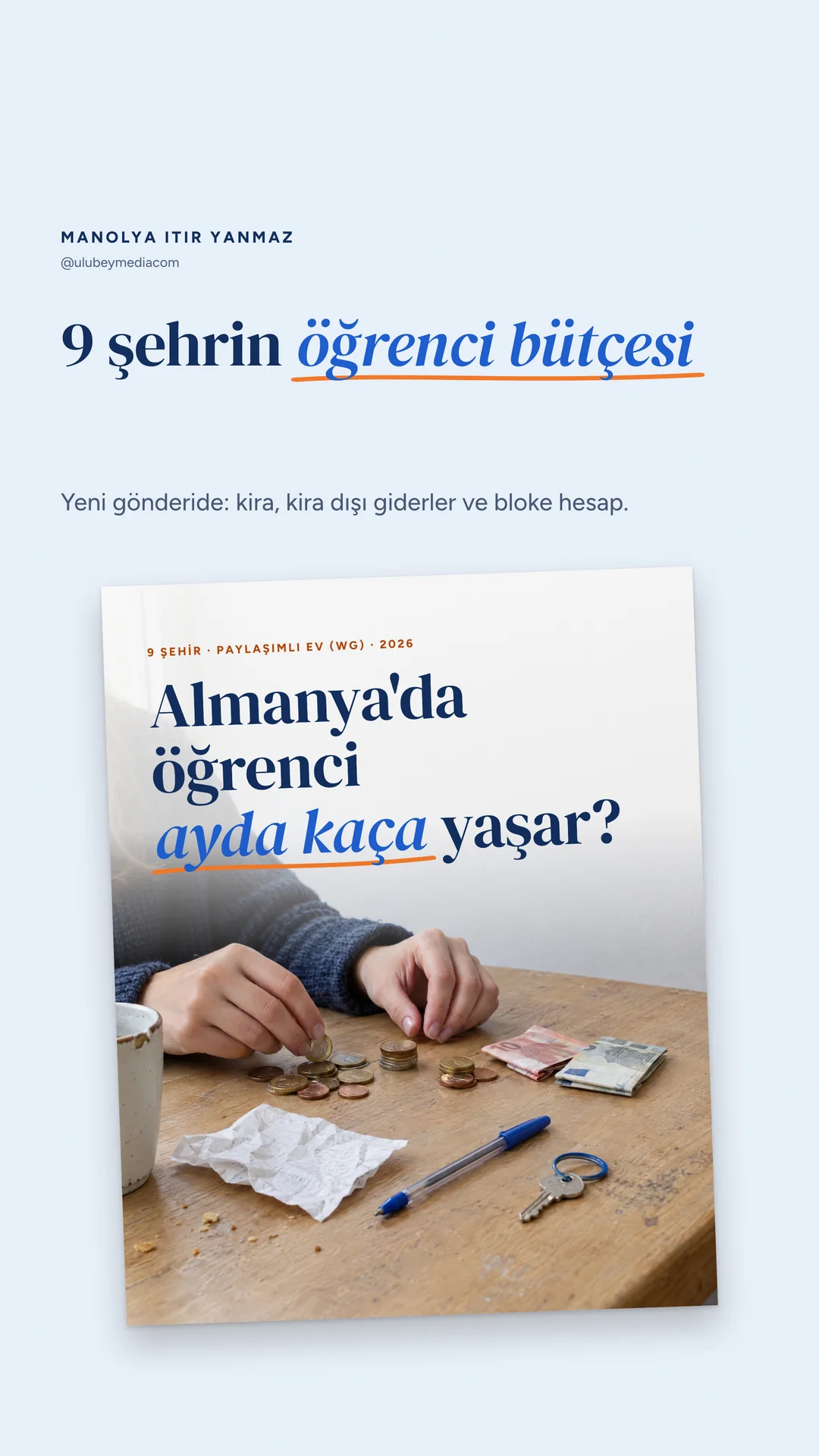 Manolya Itır Yanmaz Instagram hikâyesi — 9 şehrin öğrenci bütçesi duyurusu